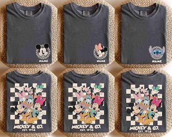 Custom Name Checkered Disney Characters Mickey & CO Shirt, Disney Family Trip Shirt, Mickey CO Shirt, Disney 2026 Tee, Disney Matching Tee