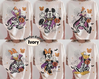 Retro Comfort Colors Mickey and Friends Skeleton Halloween Shirt, Disney Halloween Family Matching Shirt, Mickey and Friends with Signs Tee