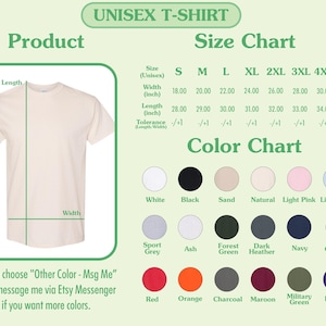 May include: A cream-colored unisex t-shirt with a size and color chart. The size chart lists measurements in inches for sizes S through 5XL. The color chart displays various colors, including white, black, and red. Text on the image reads: "UNISEX T-SHIRT."