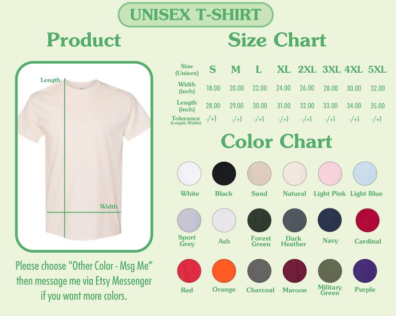 May include: A cream-colored unisex t-shirt with a size and color chart. The size chart lists measurements in inches for sizes S through 5XL. The color chart displays various colors, including white, black, and red. Text on the image reads: "UNISEX T-SHIRT."