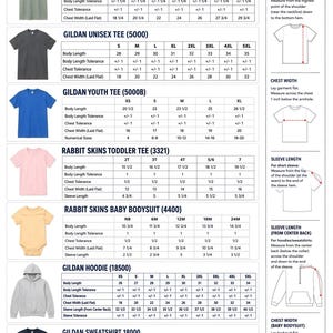 Puede incluir: Una tabla de tallas completa para diversas prendas, incluyendo Comfort Colors, Gildan y Rabbit Skins. La tabla muestra las medidas de longitud corporal, ancho de pecho y longitud de manga en pulgadas para tallas desde reci&eacute;n nacido hasta 5XL.
