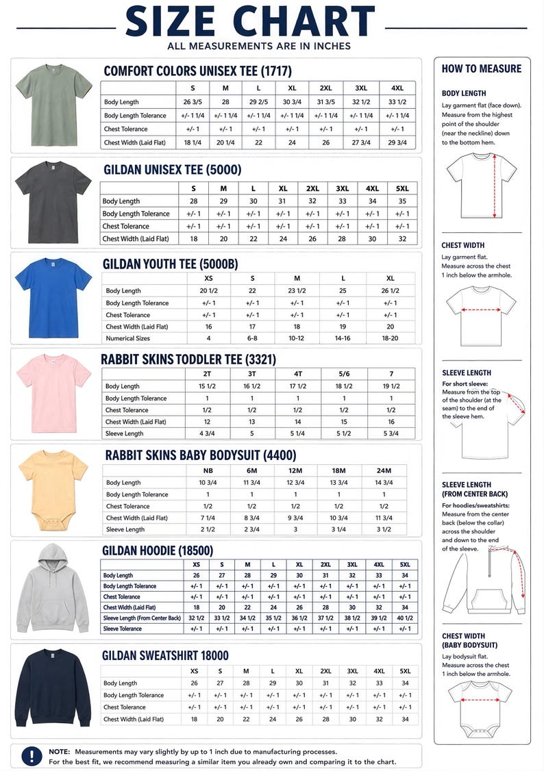 Puede incluir: Una tabla de tallas completa para diversas prendas, incluyendo Comfort Colors, Gildan y Rabbit Skins. La tabla muestra las medidas de longitud corporal, ancho de pecho y longitud de manga en pulgadas para tallas desde reci&eacute;n nacido hasta 5XL.