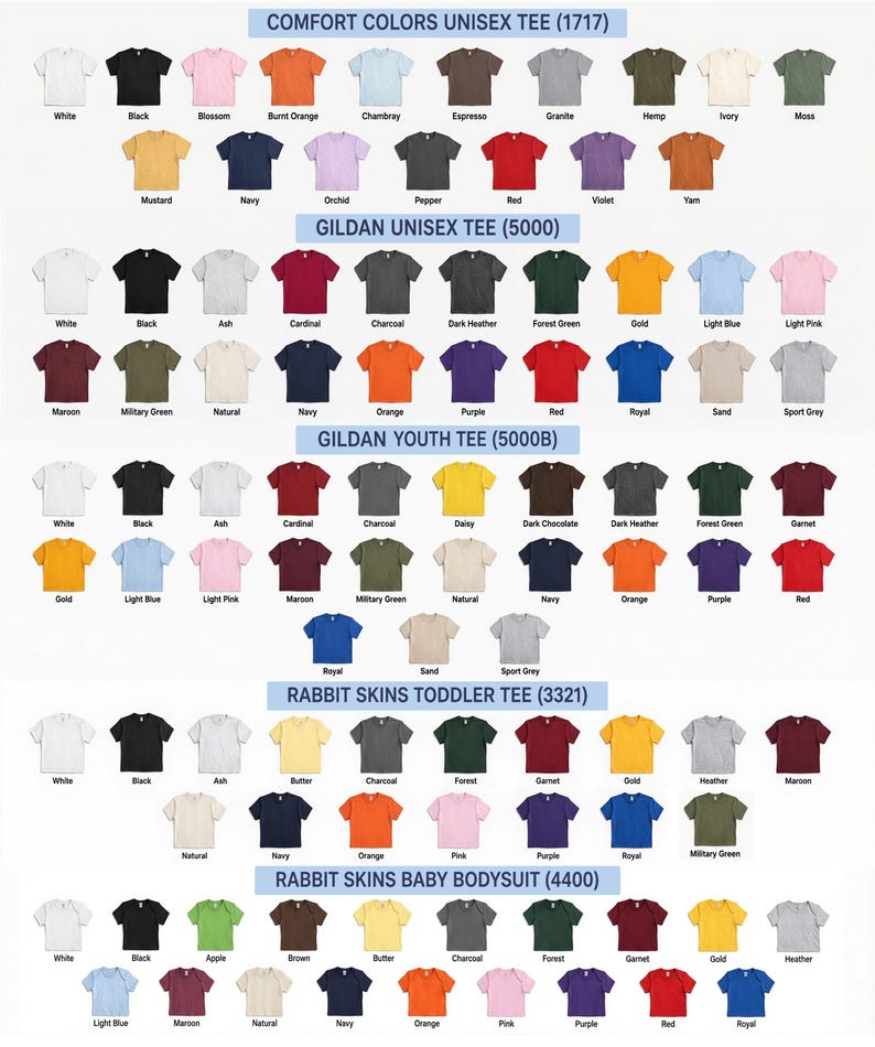 Puede incluir: Una tabla de colores completa que muestra varios estilos de camisetas y bodies, incluyendo Comfort Colors 1717, Gildan 5000, Gildan Youth 5000B, Rabbit Skins Toddler 3321 y Rabbit Skins Baby 4400, con filas de prendas de colores s&oacute;lidos.
