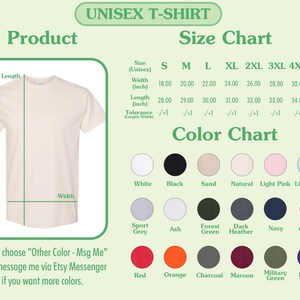 May include: A size and color chart for a unisex t-shirt. The image displays a beige t-shirt with length and width measurement lines, a size chart with measurements in inches for sizes S to 5XL, and a color chart showing 20 available shirt colors.
