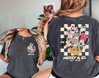 Custom Name Checkered Disney Characters Mickey & CO Shirt, Disney Family Trip Shirt, Mickey CO Shirt, Disney 2026 Tee, Disney Matching Tee
