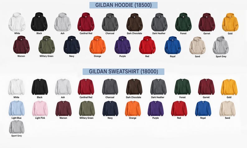 Puede incluir: Una carta de colores que muestra sudaderas con capucha Gildan 18500 y sudaderas Gildan 18000 en varios tonos, incluyendo blanco, negro, ceniza, rojo cardenal, carb&oacute;n, chocolate oscuro, gris oscuro, bosque, granate, oro, granate, verde militar, azul marino, naranja, morado, rojo, real, arena, gris deportivo, azul claro y rosa claro.