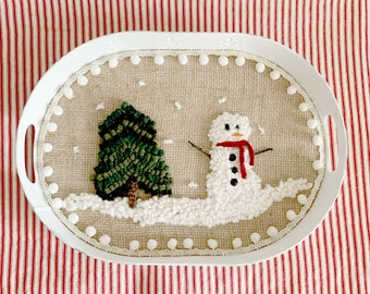 White Distressed Metal Country Farmhouse Winter Christmas Tray with Rug Hooked Snowman and Pine Tree