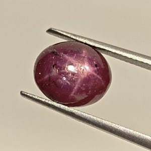 Puede incluir: Una piedra preciosa de rubí pulida, de forma ovalada, sujeta con unas pinzas. La gema es de un color rojo intenso y rico con un efecto de estrella visible en su superficie. Las pinzas son de color plateado y el fondo es blanco neutro.