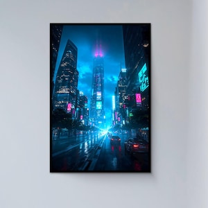 Plakat do druku Cyberpunk Neon City, cyfrowa grafika ścienna science fiction do pobrania, futurystyczny różowo-niebieski wystrój miejski dla graczy
