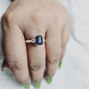 1.70 Carat Sapphire Ring Emerald Cut | Blue Gemstone Engagement Ring in 14K Yellow Gold | September Birthstone Jewelry | Gift for Her