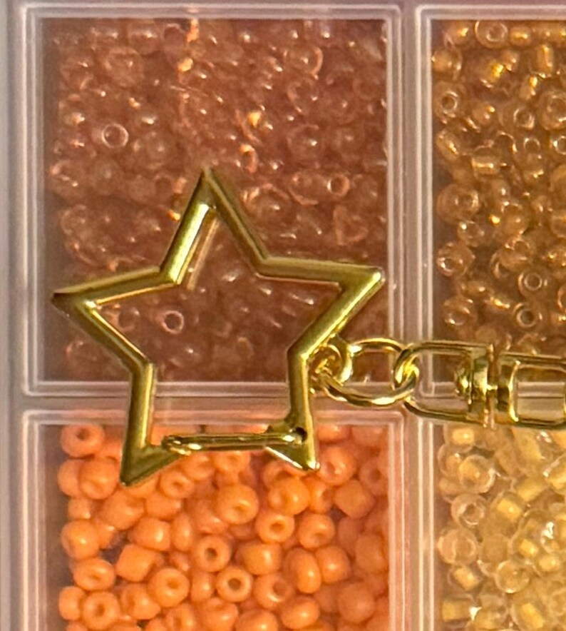 Puede incluir: Un dije dorado en forma de estrella con un cierre de mosquet&oacute;n, sobre un fondo de peque&ntilde;as cuentas de colores en un recipiente dividido. Las cuentas son en tonos naranja, dorado y marr&oacute;n.