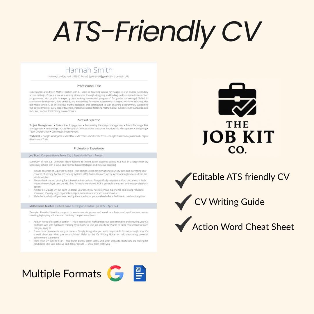 ATS CV Template + CV Writing Guide & Action Word Cheat Sheet - Etsy