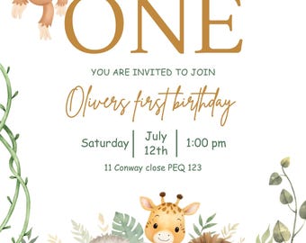 Safari Animals 1st Birthday Invitation | Wild One Baby Invite | Jungle Birthday Party | Editable Canva Template