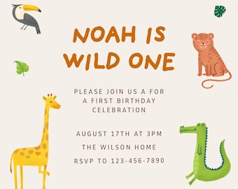 Modern Wild One Birthday Invitation | Minimal Safari Baby Invite | Neutral First Birthday | Editable Canva Template