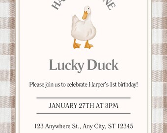 Duck 1st Birthday Invitation Template | Cute Animal Birthday Invite | Neutral Baby Party | Editable Canva