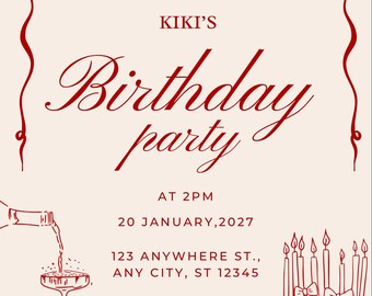 Minimalist Birthday Invitation Template, Red Elegant Design (Digital Download)
