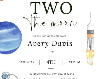 Space 2nd Birthday Invitation | Two The Moon Birthday Invite | Galaxy Party Template | Editable Canva Template
