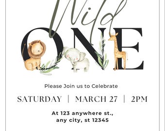 Greenery Wild One Birthday Invitation | Jungle Safari Baby Invite | Neutral Boho First Birthday | Editable Canva Template