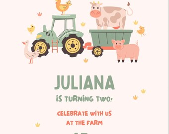 Farm 2nd Birthday Invitation Template | Tractor Birthday Invite | Barnyard Party | Editable Canva Invitation