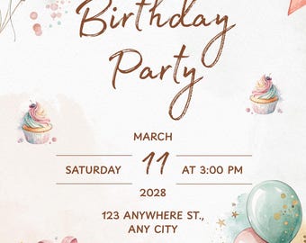 Pink 1st Birthday Invitation Template | Girl First Birthday Invite | Cute Baby Invitation | Editable Canva Template