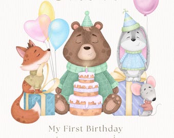 Teddy Bear 1st Birthday Invitation Template | Woodland Baby Birthday Invite | Neutral First Birthday | Editable Canva