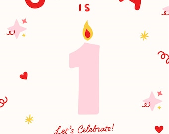 Pink 1st Birthday Invitation, banner & birthday sign Template | Girl First Birthday Invite | Cute Baby Invitation | Editable Canva Template