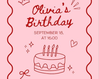Red Cake Birthday Invitation | Minimal Birthday Party Invite | Elegant Adult Birthday | Editable Canva Template