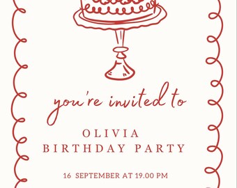 Minimalist Birthday Invitation Template, Red Cake Design (Digital Download)