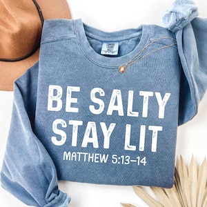 以下が含まれることがあります： 白いブロック体の「BE SALTY STAY LIT」という文字が入った青いスウェットシャツ。下に「MATTHEW 5:13-14」という文字があります。金のネックレスと茶色の帽子が見えます。