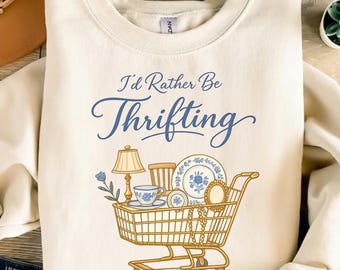 I’d Rather Be Thrifting PNG, thrift aesthetic shirt design, blue and gold vintage decor cart, retro thrifting graphic,boutique style digital