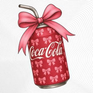 May include: A red Coca-Cola can with a pink bow and straw. The can is decorated with pink bows and the Coca-Cola logo in white. The bow is tied around the top of the can.