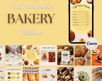 Könnte beinhalten: Eine Sammlung von 52 Instagram-Post-Vorlagen für eine Bäckerei mit verschiedenen Designs. Das Bild zeigt ein Telefon, das ein Menü anzeigt, sowie andere Vorlagen mit Gebäck, Croissants und Veranstaltungsankündigungen. Das Wort "BAKERY" ist deutlich sichtbar.