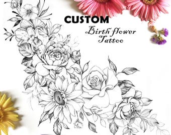Custom Birth Flower Tattoo Design | Personalized Floral Line Art | Minimalist Tattoo Outline | Digital Drawing