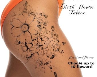 May include: A custom birth flower tattoo design featuring a detailed floral arrangement. The design includes various flowers and leaves, with the text "CUSTOM Birth flower Tattoo" and "floral and flower Choose up to 10 flowers!"