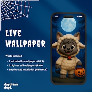 May include: A promotional image for a live wallpaper featuring a cartoon wolf in a sheep costume holding a pumpkin bucket. The image includes the text "LIVE WALLPAPER" and details about the included content, all set against a dark blue background.