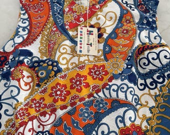 Vintage 70's John Abbott Paisley Shift Dress With Hawaiian Textiles W?Tag! Sz L