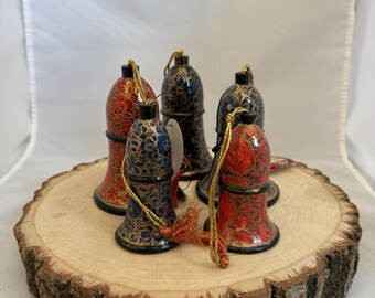 Set Of 5 Lacquer Paper Mache Kashmiri Art Hand Painted Bells That Ring 4" & 3"