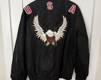Y2K Ameri Mode Black Leather Eagle USA Jacket Quilted Lining Mens XXL Biker Moto