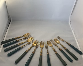 Vtg Brass Dessert/Fruit/Fish Forks Bakelite Handles Turquoise/Blue With Cases