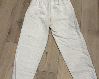 Vintage Linen Cotton Straight Leg Cropped Pants Beige Cottage-core Lagenlook MED