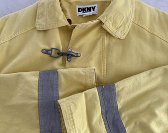 Vintage DKNY Fireman Firefighter Jacket Yellow Coat Oversize Reflective Toggle