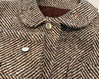 Vintage Herringbone Tweed Suit Jacket With Skirt Womens Brown Academia Size 6/8