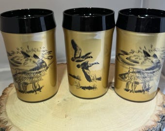 3 MCM Vintage NFC Insulated Gold Blk Geese  Fish Design Plastic Tumblers 8oz