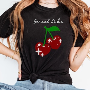 Cherry T-Shirt, 90&#39;s Look Graphic Tee, Vintage Style Top, Cherries Print Apparel, Y2K style shirt, Cute cherry shirt for her, Sweet Tee