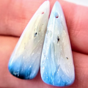 OOO-Unique matched pair of Blue Ice Glacierite drilled cabochon beads briolettes 24mm x 9mm x 3mm
