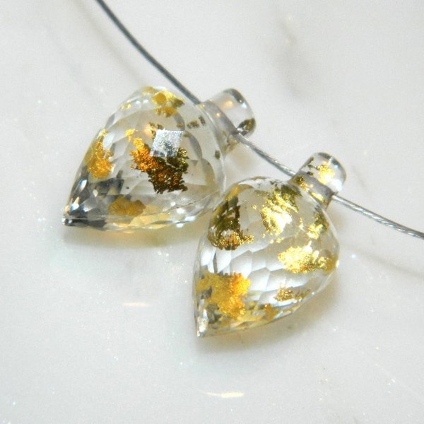 EXTREMELY RARE Matched pair of 24k gold foil embedded in crystal quartz microfaceted conch lantern drop briolette 14mm x 8mm