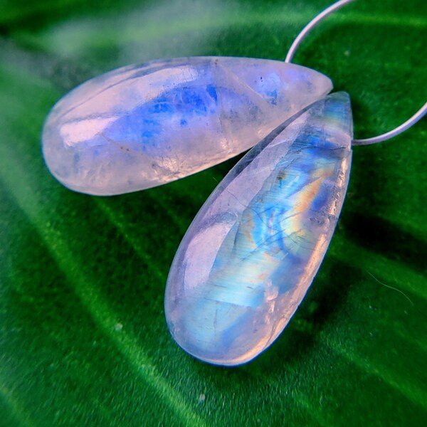 Beautiful Matched pair of focal AAA Rainbow Moonstone smooth briolettes beads full of blue flashes 19.5mm x 8mm x 4.5mm