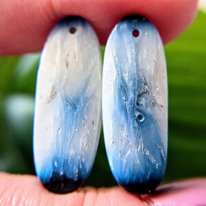 OOO-Unique matched pair of Blue Ice Glacierite drilled cabochon beads briolettes 26.5mm x 10mm x 3mm