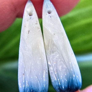 OOO-Unique matched pair of Blue Ice Glacierite drilled cabochon beads briolettes 27mm x 7.5mm x 3.5mm
