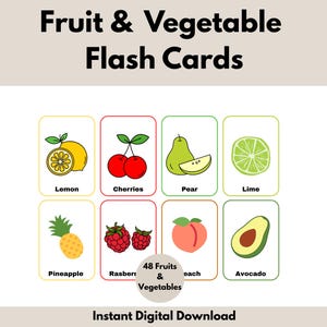 Fruits and Vegetables Flash Cards, Printable Flashcards for kids, Educational Flash Cards, Toddler Learning, digital download , Printable
